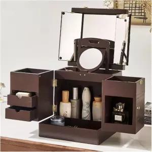 ZjBfdnm 화장품 상자 솔리드 우드 메이크업 정리함 거울이 있는 휴대용 대용량 스킨케어 수납장 서랍이