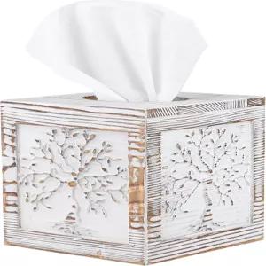 Ukwell 나무 조각 티슈 박스 커버 사각 홀더 화이트워시 트리 디자인 소박한 빈티지 홈 데코 욕실 침실