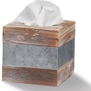 반야드 디자인의 소박한 금속과 얼룩진 나무 사각 티슈 박스 커버 - 장식용 욕실 얼굴 홀더 농가 컨트리