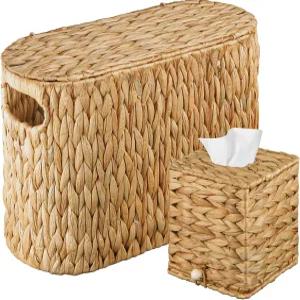 비블룬 2피스 라탄 위커 티슈 박스 커버 쓰레기통 세트 - 보호 욕실 액세서리 화장지 보관 및 냅킨 홀더