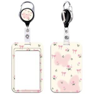 작업용 접이식 카드 배지 홀더 릴 귀여운 나비 릴 클립 및 여성 여교사용 교직원 미용 학교 ID 홀더 헤비 듀티 접이식 열쇠고리(핑크 플라워 & 보우)