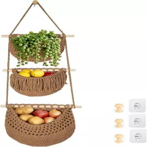 부엌용 할리달리 3단 걸이식 과일 바구니 보호 면 로프 손으로 짠 야채 해먹 농산물 저장 벽 장착 농가