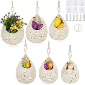 주방용 과일 바구니 걸기 - 6팩 보호 벽걸이 손으로 짠 마늘 감자 채소 양파 눈물방울 가정용 걸이 화이트