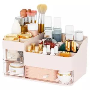 3개의 서랍이 있는 핑크 메이크업 정리함 카운터탑 책상 드레싱을 위한 대형 스킨케어 섀도 팔레트를