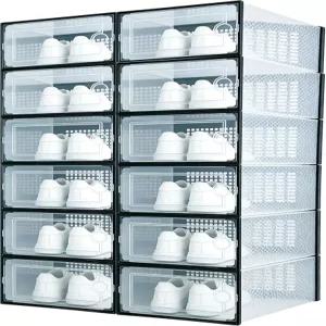 12팩 신발 보관함 옷장용 투명 플라스틱 스태커블 정리함 입구용 뚜껑이 있는 접이식 신발장 침대 밑