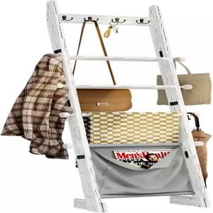 거실용 담요 사다리 5단 나무 침실용 5.3피트 벽걸이 퀼트 패브릭 가방이 있는 소박한 장식용 농가 선반