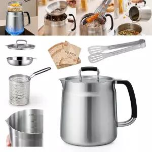 68oz 3in1 304 스테인리스 스틸 오일 필터 포트 미세 메쉬 스트레이너 통 내열 손잡이 주방 및 캠핑용 2L