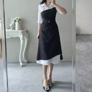 [하프클럽/엘린무드]버클 아베르 셔츠 배색 드레이프 레이어드 언발 유니크 롱 스판 원피스(2color)