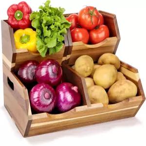 해피필 아카시아 나무 팬트리 보관함 주방 조리대용 스태커블 감자 및 양파 과일 채소 간식용 정리 바구니