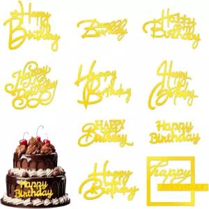 10개의 골드 생일 축하 케이크 토퍼 아크릴 컵케이크 10가지 다양한 스타일리시한 디자인의 미러 사이드