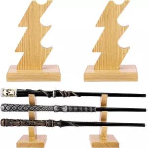 캡틴 위즈 원목 마법사 지팡이 스탠드 전시 3개의 층별 수제 나무 홀더 마녀 및 펜 내추럴