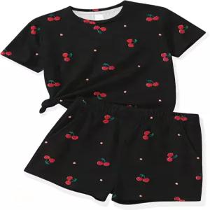 키들라가 걸스 투피스 세트 체리 패턴 반팔 셔츠와 반바지 포켓 포함 여아 여름 의상 사이즈 7-14