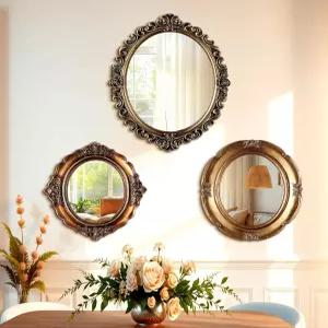 원더준 3 스타일 빈티지 골드 미러 세트 벽 장식 월 앤티크 행잉 및 거실 침실 서랍장 스탠드가 있는