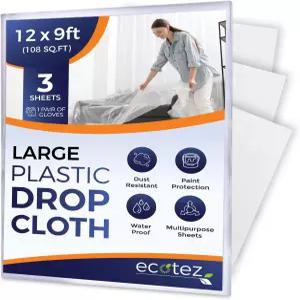 에코테즈 3팩 12 x 9피트 초대형 플라스틱 드롭 천 페인팅 - 가구용 가볍고 내구성이 뛰어난 방수포 커버
