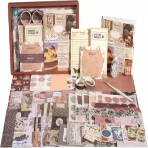 핀셋과 테이프가 포함된 업그레이드된 스크랩북 사진 앨범 용품 키트 - 빈티지 에스테틱 정크 저널 대형