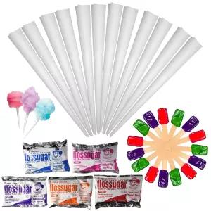 컨세션 에센셜 코튼 캔디 키트 - 50개의 종이 콘과 스푼이 포함된 5가지 클래식 맛 핑크 바닐라 블루