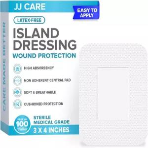 JJ CARE 접착 아일랜드 드레싱 100팩 3x4 멸균 경계 거즈 통기성 논스틱 중앙 패드가 있는 개별 포장 붕대