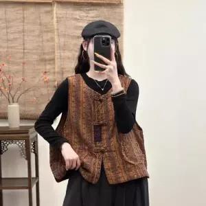 여친 빈티지 가을 프린트 민소매 나시 조끼 캐주얼조끼 버클 톱 겉감 퍼 포켓 admr3