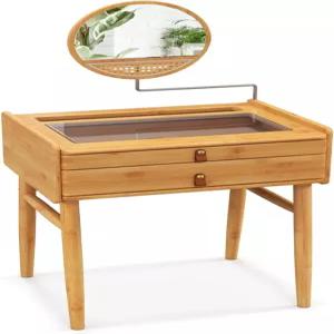 거울이 있는 셰프조이 보호 베니티 데스크 수납 서랍 2개와 강화 유리 테이블 상판이 대나무 메이크업 침실