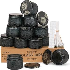 LumaCraft 고급 엠보싱 유리 캔들 만들기 - 밀폐된 금속 뚜껑이 있는 빈 용기 12팩 윅 20개 및 스티커