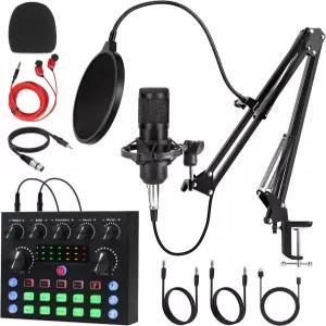 J.I.Y 팟캐스트 장비 번들 1인용 콘덴서 마이크 포함 스튜디오 녹음 키트 블루투스 사운드 카드 DSP 효과