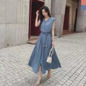 KAA 9006W 쉬폰 V넥 벨트 나시 롱 원피스