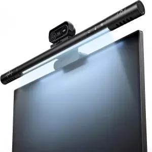 마이크와 스피커가 장착된 4K 웹캠 통합 필 라이트 바가 4-in-1 듀얼 HDR 자동 조명 보정 프라이버시 커버