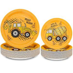 DYLIVES 100팩 건설 생일 파티 22 7인치 9인치 식기 덤프 종이 8CM 굴삭기 용품 트럭 생일용 테마 접시 9CM 분량 50회 17