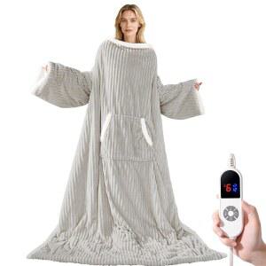소매와 발 포켓이 있는 온열 웨어러블 전기 담요 스트라이프 플리스 셰르파 6가지 열 레벨 12H 타이머 과열 방지 세탁기 세탁 가능 사무실/가정용 52x72 인치 그레이