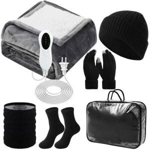 Tivi Tovo 겨울 선물 세트 51 x 63 온열 담요 전기 워머 플러그 10가지 열 레벨 과열 방지 따뜻한 비니 모자 장갑 스카프 양말 보관 가방 여성 남성 크리스마스 선물