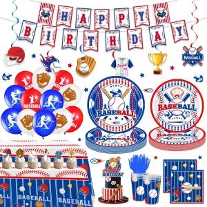 161PCS 야구 생일 파티 장식 용품 접시 및 냅킨 세트 식기 배너 걸이용 소용돌이 식탁보 케이크 컵케이크