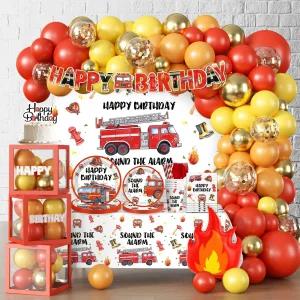 Fexivo 234pcs 소방차 생일 장식 올인원 세트에는 300gsm 종이 접시 방수 플라스틱 식탁보와 105개의