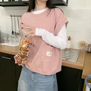 [옷자락]여자 순면 워싱 루즈핏 캡소매 민소매 티셔츠