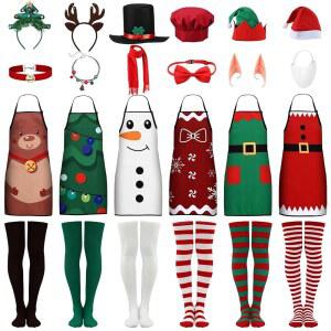 CIVANER 24피스 크리스마스 앞치마 코스튬 파티 액세서리 목걸이 엘프 모자 스카프 머리띠 순록 코스프레용 산타 양말 눈사람 여성용