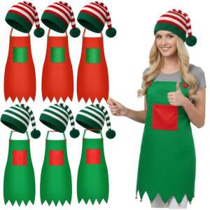 COTWINTER 크리스마스 엘프 앞치마 니트 세트 12개 멀티컬러 모자 성인용 패브릭 코스튬 파티