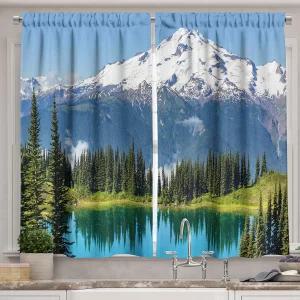 앰베손 자연 주방 커튼 소나무와 설산 풍경으로 둘러싸인 목가적인 크리스탈 호수 카페 장식용 창문 2 패널