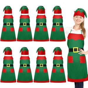 RAMEDE 크리스마스 엘프 앞치마 모자 키트 코스튬 16개 8개 그린 성인 세트 8개
