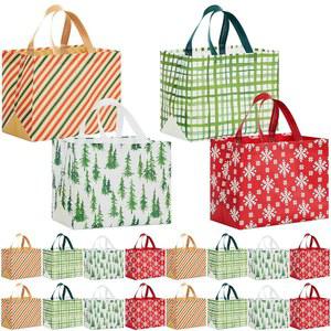 32 24 16 7CM 12 식료품 가방 대형 가능한 눈송이 레드 선물용 7인치 핸들 소나무 스트라이프 포켓 토트 부직포 재사용 그린 간식 파티 휴일