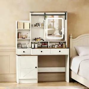 슬라이딩 미러와 조명이 있는 누누 랩 브라운 베니티 데스크 3가지 색상의 및 전원 콘센트가 농가 여성