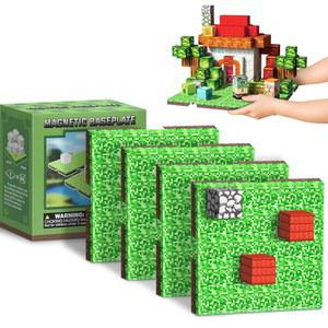영예스 마그네틱 블록 베이스플레이트 - 자석 장난감, 마인크래프트 빌딩 블록용 4PCS 4인치 x 4인치, 3세 이상 남아용 STEM 장난감 생일 선물, 초원