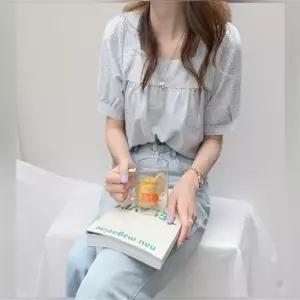 블라우스 여성 셔츠 긴팔 셔링 레이어드 시스루 프릴 남방 스퀘어넥 잔체크 반팔