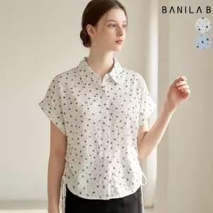 여성 미니 리본 롤업 반소매 셔링 블라우스