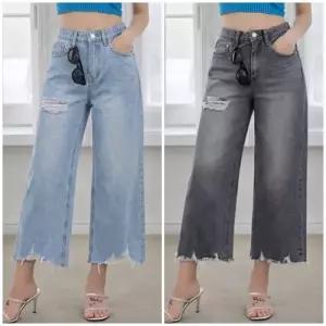 여성 난스판 구제 데미지 8부 와이드 데님팬츠 크롭 통청바지