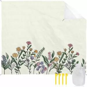 스마일 해바라기 비치 담요 플라워 플랜츠 베이지 배경 매트 83인치 x79인치 대형 피크닉 여행 캠핑 하이킹