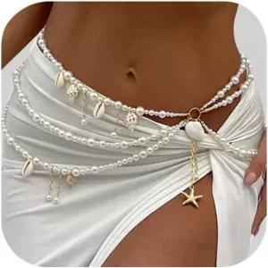여름 비치 쉘 소라 펜던트 허리 체인 벨트 페스티벌 레이브 펄 바디 다층 진주 벨리 주얼리 의상 드레스