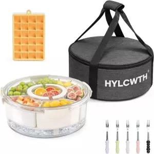 뚜껑과 손잡이가 있는 분할 서빙 트레이 6개의 구획이 둥근 스낵 상자 과일 사탕 채소 휴대용 단열 가방 및