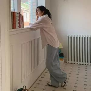 [옷자락]여자 데일리 루즈핏 스트라이프 배색 긴팔 카라 셔츠