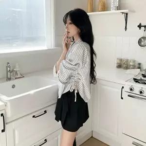 [옷자락]여자 봄여름 코튼 스트라이프 크롭 셔츠