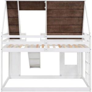 트윈 오버 하우스 이층 침대 프레임 및 사다리 , & 화이트 지붕, 여아용, 슬라이드 포함 창문,