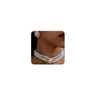 골드 톤 크리스탈 액센트가 있는 우아한 진주 주얼리 세트 멀티 스트랜드 목걸이 및 타원형 스터드 귀걸이 신부 결혼식 공식 착용